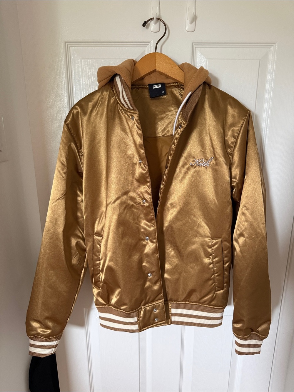 Kith Metallic Gold Satin Bomber with Tan Hood